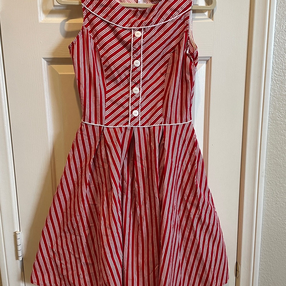 Unique red and white striped dress with front buttons